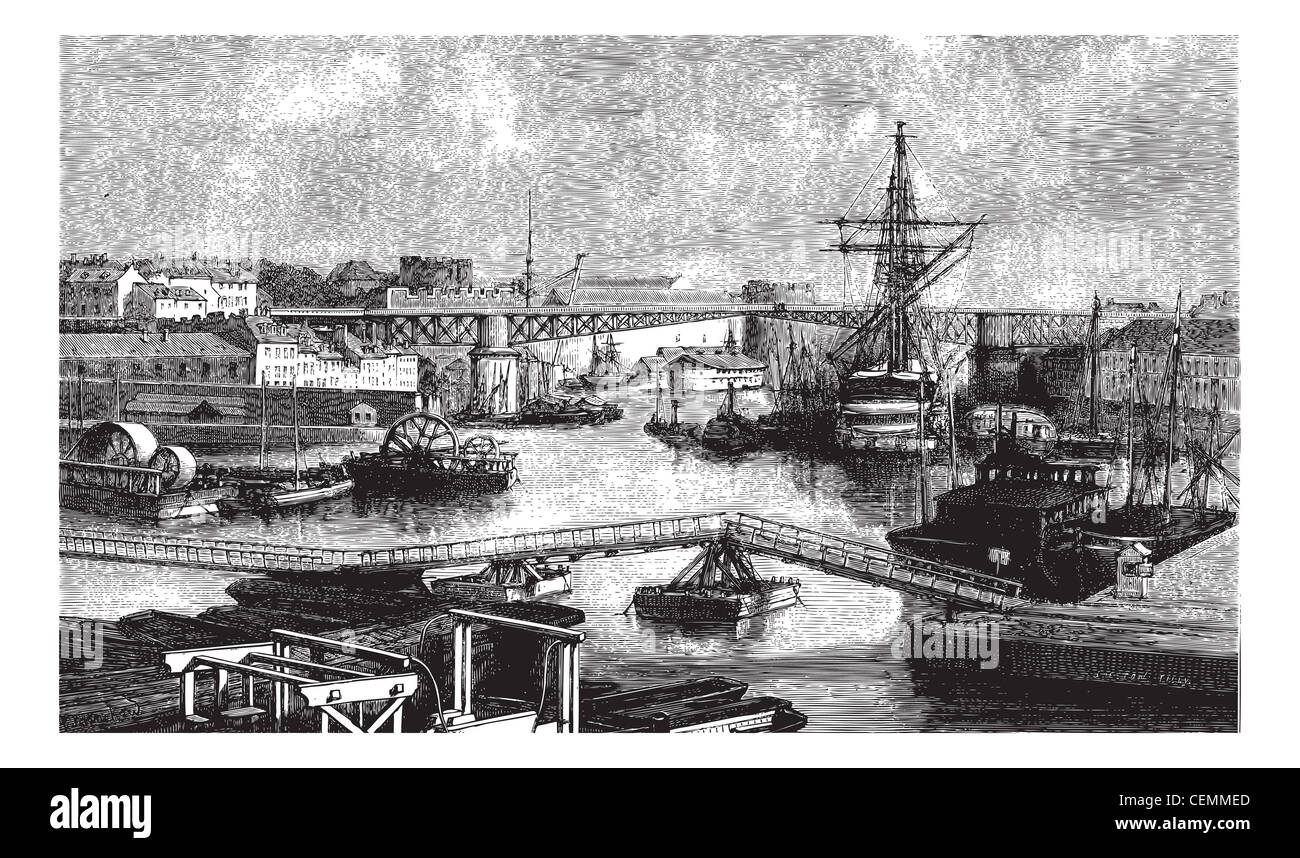 General view of the port of Brest. - Drawing Ph. Blanchard, vintage engraved illustration. Magasin Pittoresque 1874 Stock Photo