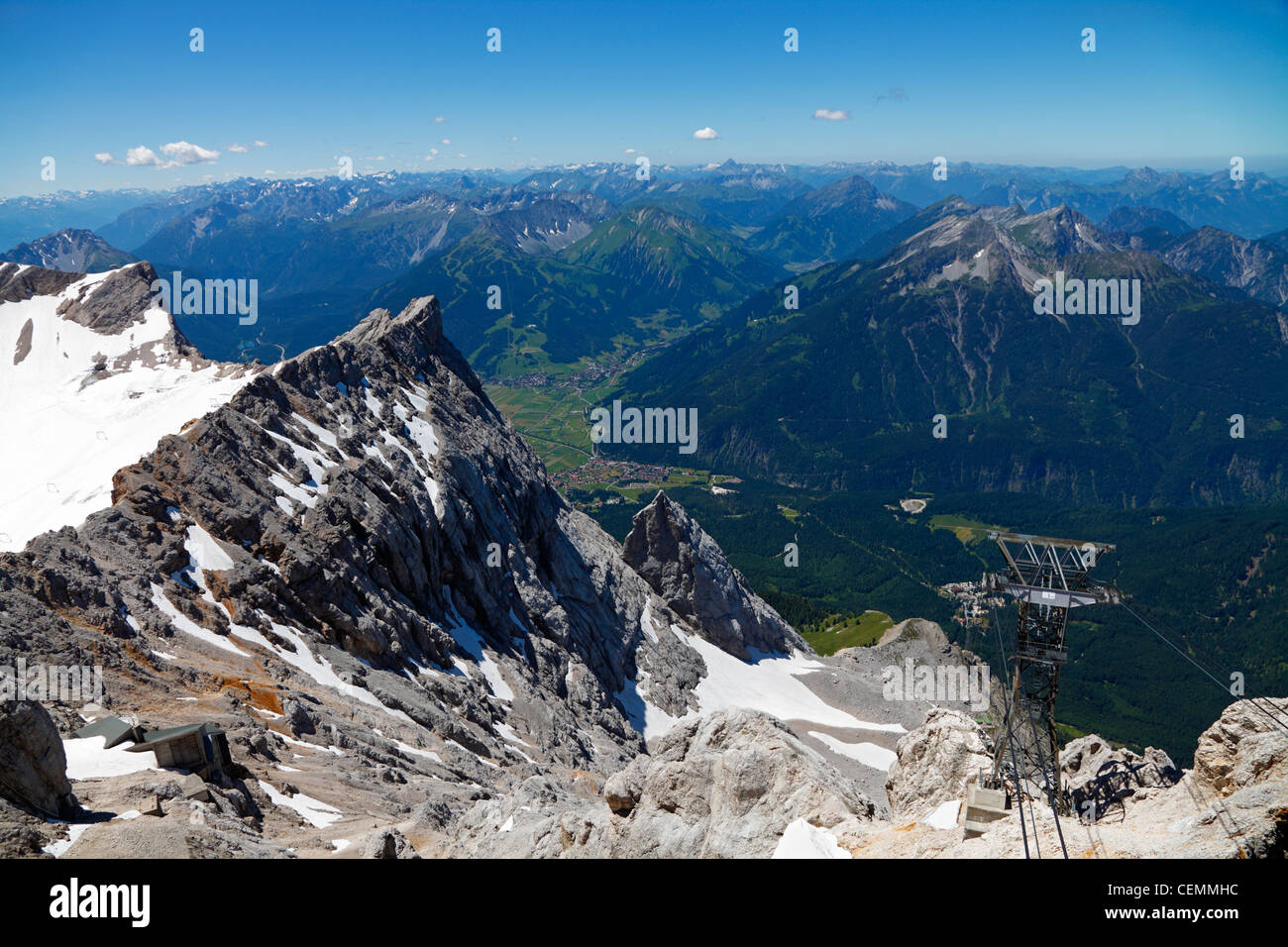Scenic view into Austria from the summit of Zugspitze, Wettersteingebirge, Bavaria, Germany. Stock Photo