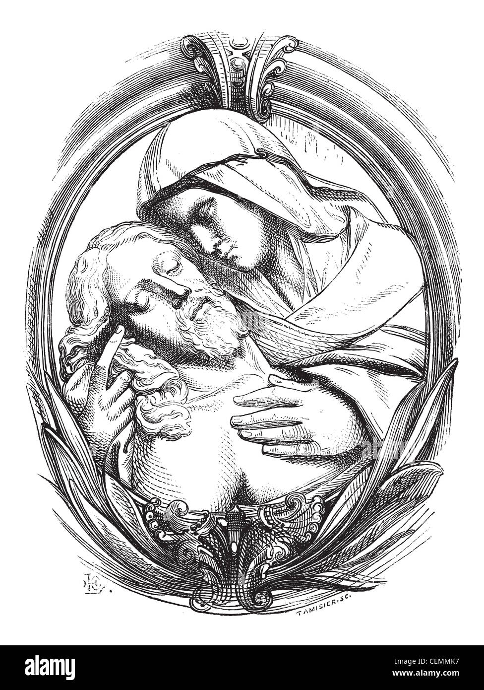 A pieta is the Hospice of Genoa, a medallion attribute Michelangelo. Drawing Chevignard, vintage engraved illustration. Magasin Pittoresque 1874. Stock Photo