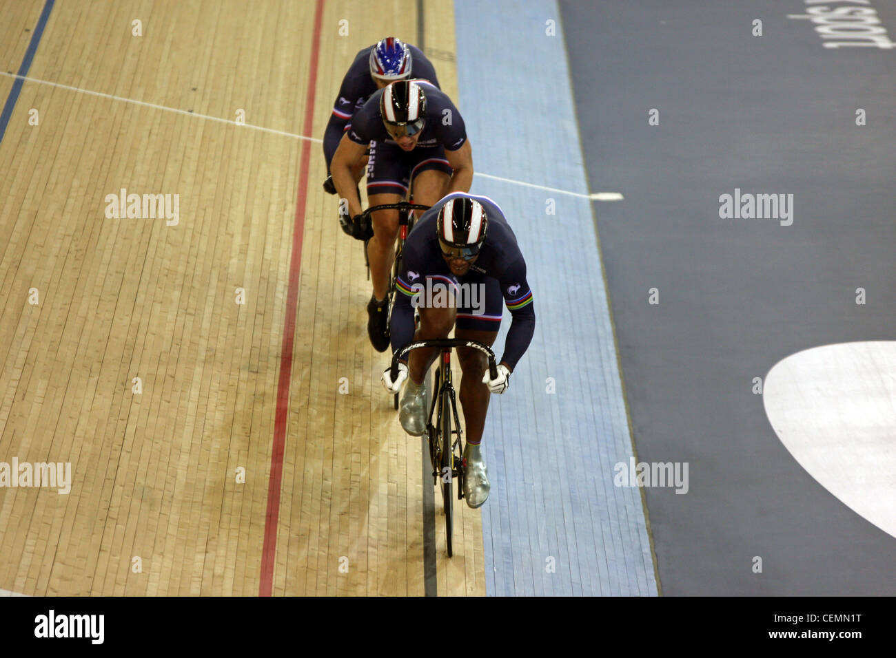 Gregory BAUGE, Mickael D'ALMEIDA, Kevin SIREAU (FRA) in the Men's Team Sprint at the UCI Track Cycling World Cup Velodrome. Stock Photo