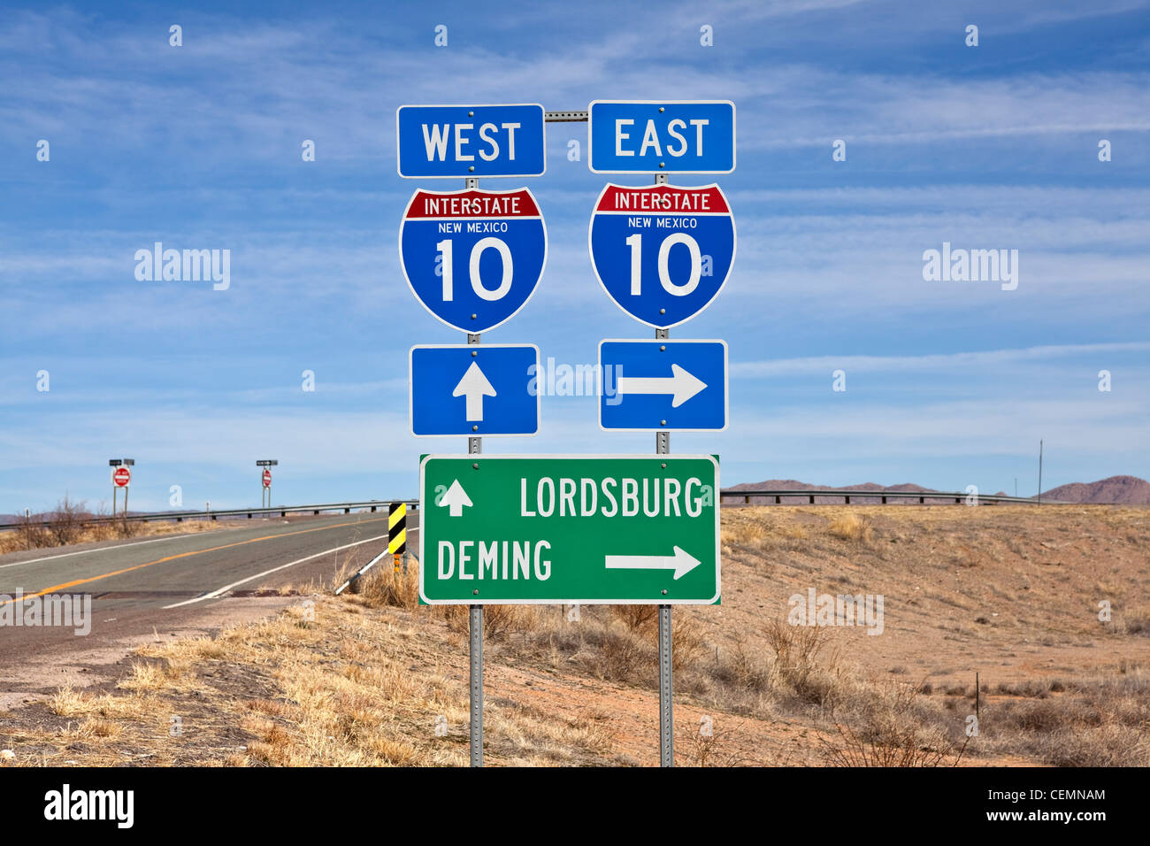 Interstate 10 sign in southern New Mexico's vast empty desert. Stock Photo