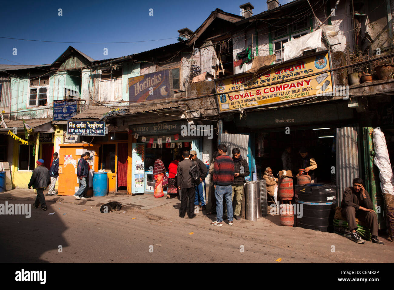 India, West Bengal, Darjeeling, Judge Bazaar, hardware stores in old wooden colonial era shops Stock Photo