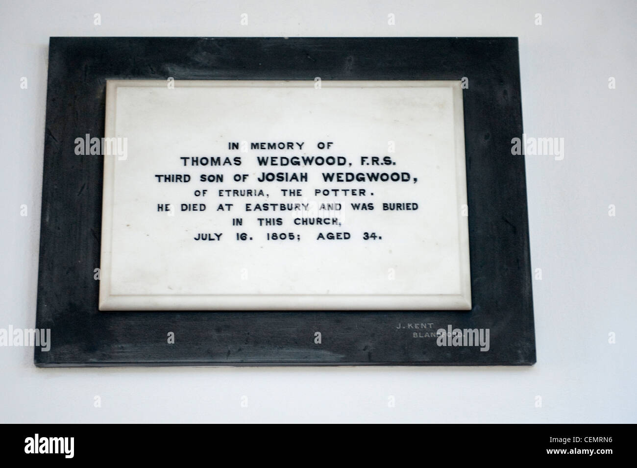 Memorial plaque inside St Mary's church, Tarrant Gunville, Dorset, in memory of Thomas Wedgwood, son of potter Josiah Wedgwood Stock Photo