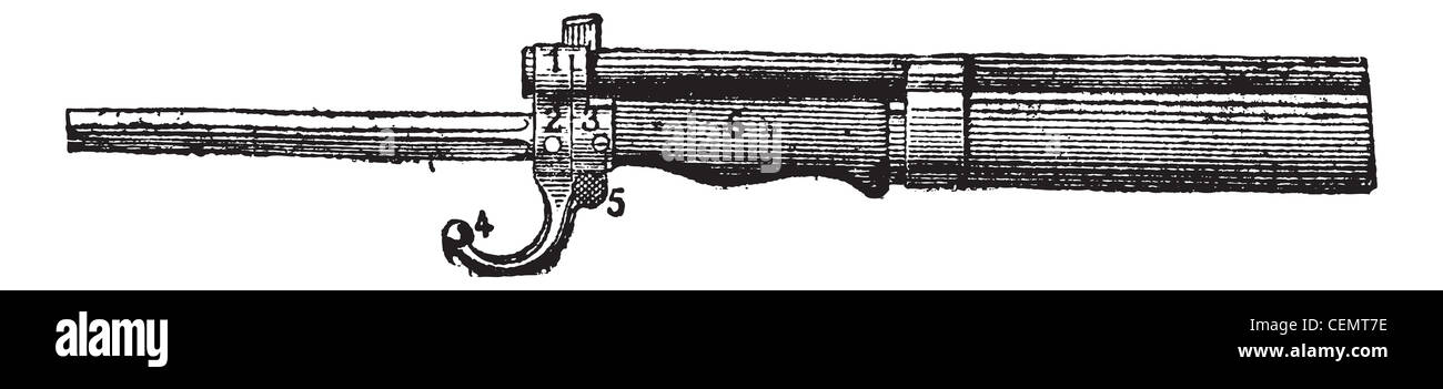 Repeating firearm, The bayonet mount rifle Lebel, vintage engraved illustration. Dictionary of words and things - Larive and Fleury - 1895. Stock Photo