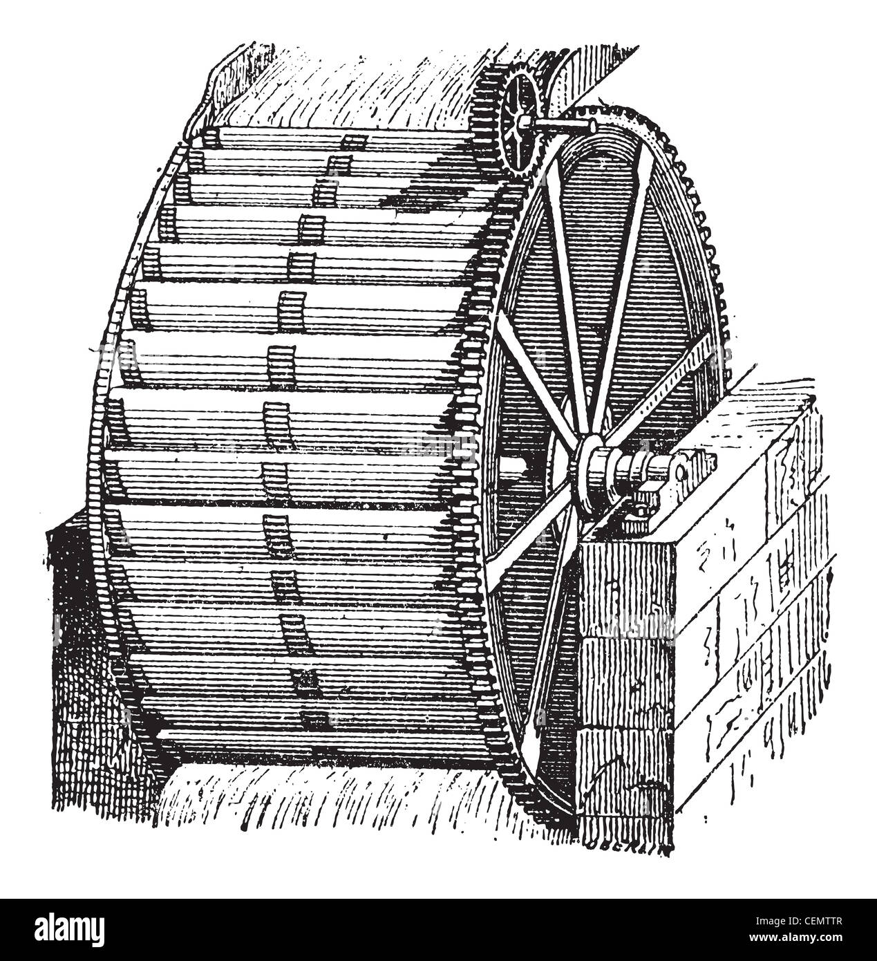 Waterwheel bucket, vintage engraved illustration. Dictionary of words