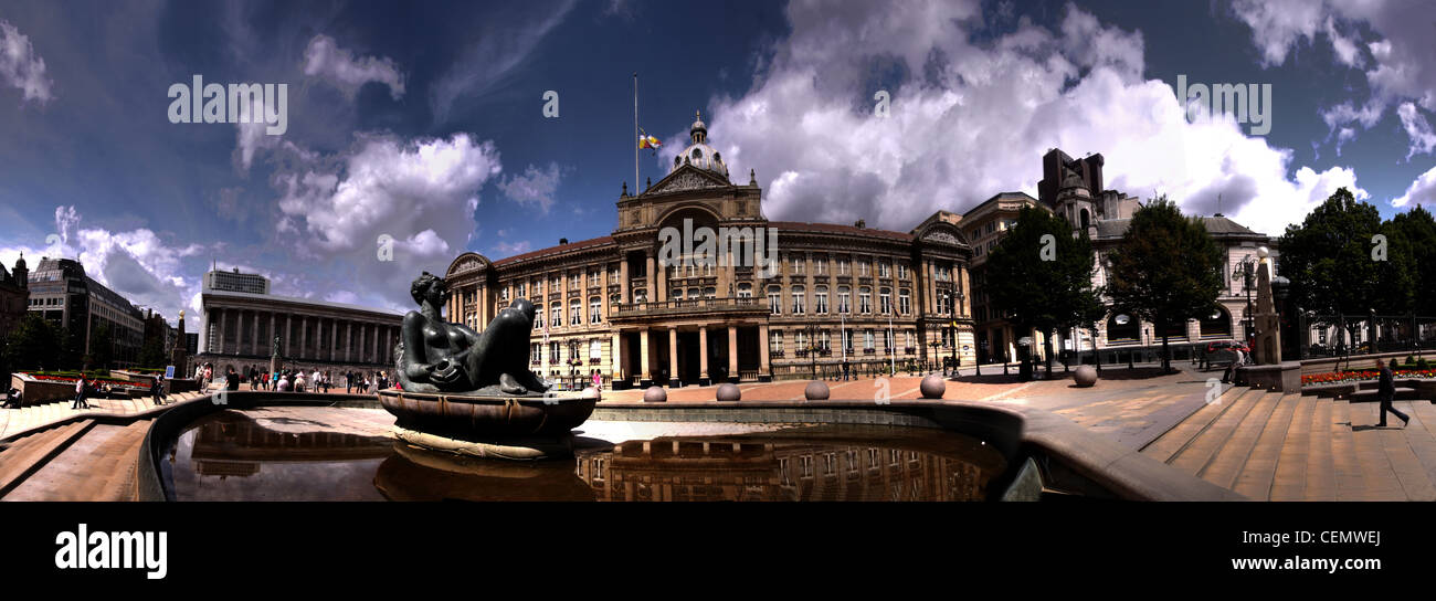 Panorama view over city of Birmingham's Victoria Square fountains, The River - Floozie in the Jacuzzi,, West Midlands, England, UK, B2 4DU Stock Photo