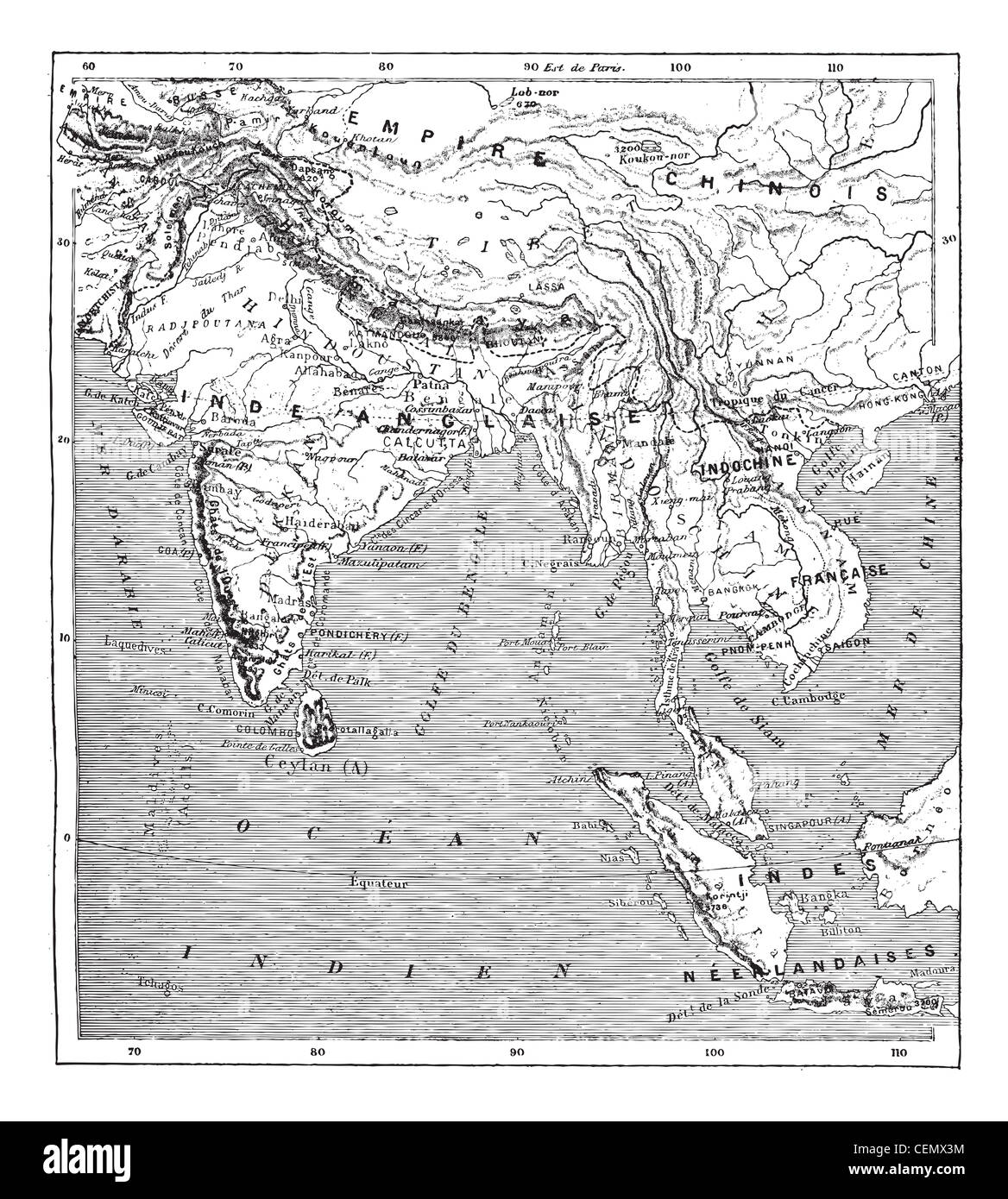 Old engraved illustration of map of India and Indochina. Dictionary of words and things - Larive and Fleury ? 1895 Stock Photo
