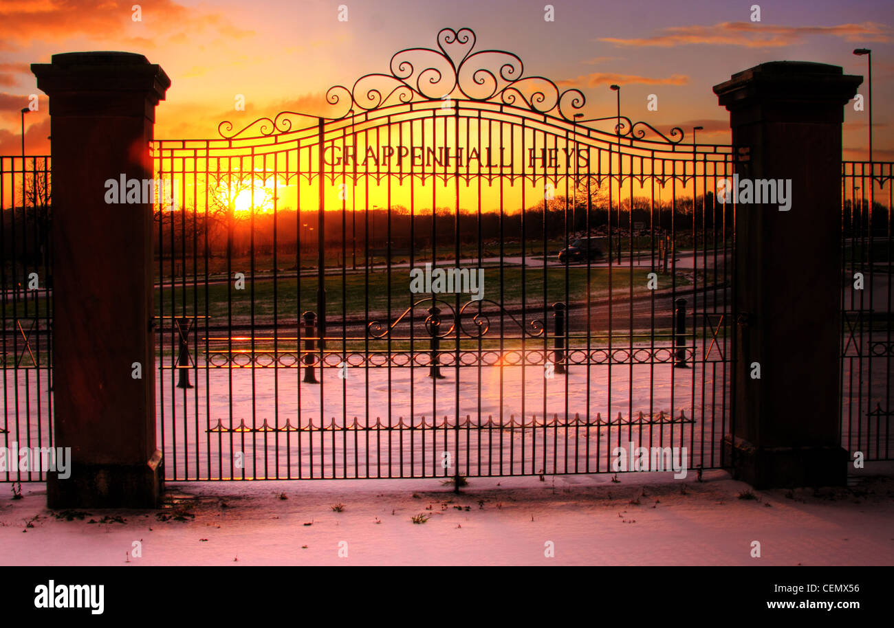 The Grappenhall Heys Gates, luxury, South Warrington homes and houses in a Cheshire set gated community, England UK. At sunset. Stock Photo