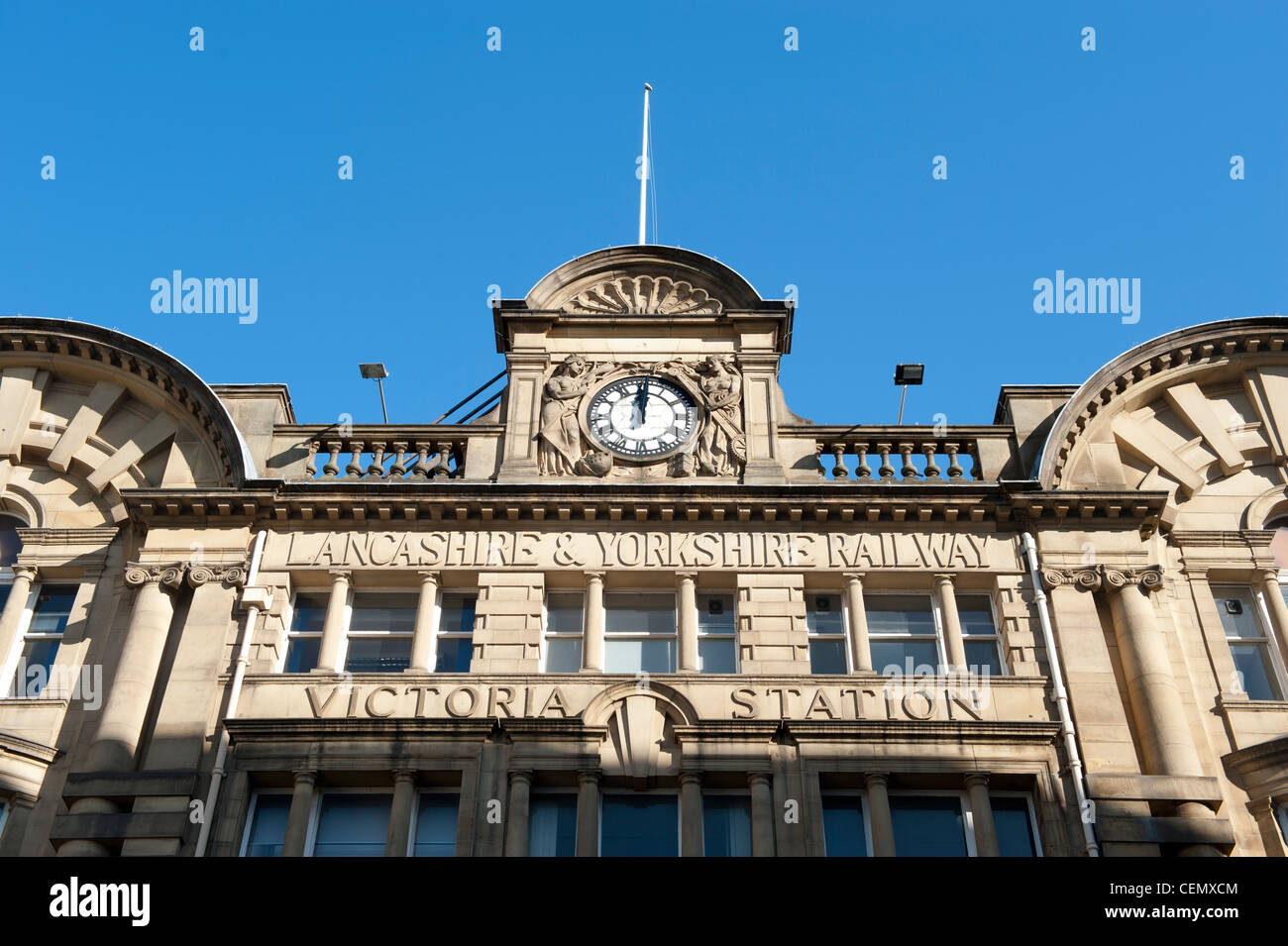 A sign over Manchester Victoria Rail Railway Train Station. Stock Photo