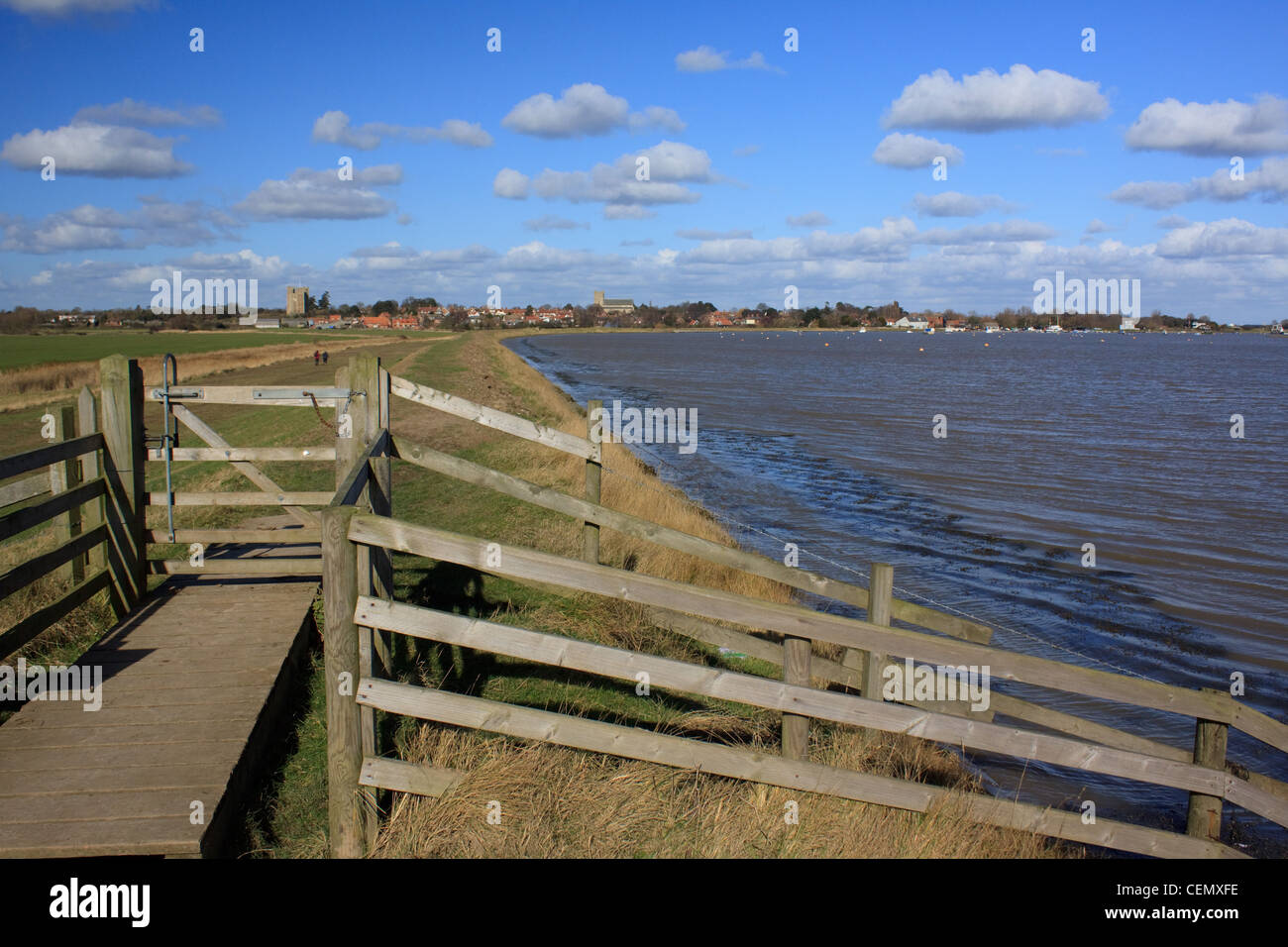 Boats on the River Ore from the seawall at Orford, Suffolk Stock Photo