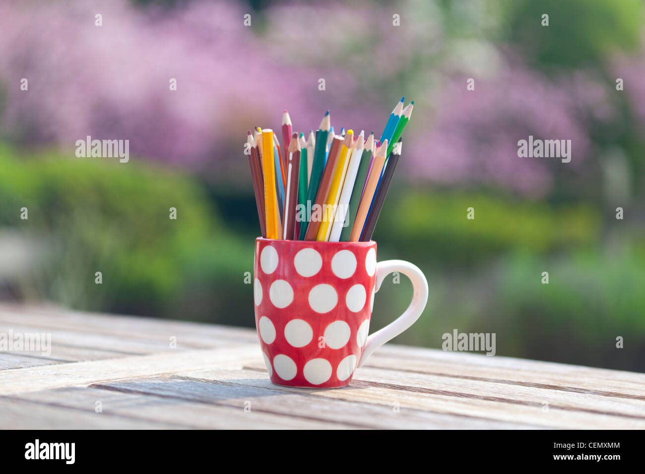 coloring colouring pencils in a red and white polka dot mug outside ... coloring colouring pencils in a red and white polka dot mug outside ...