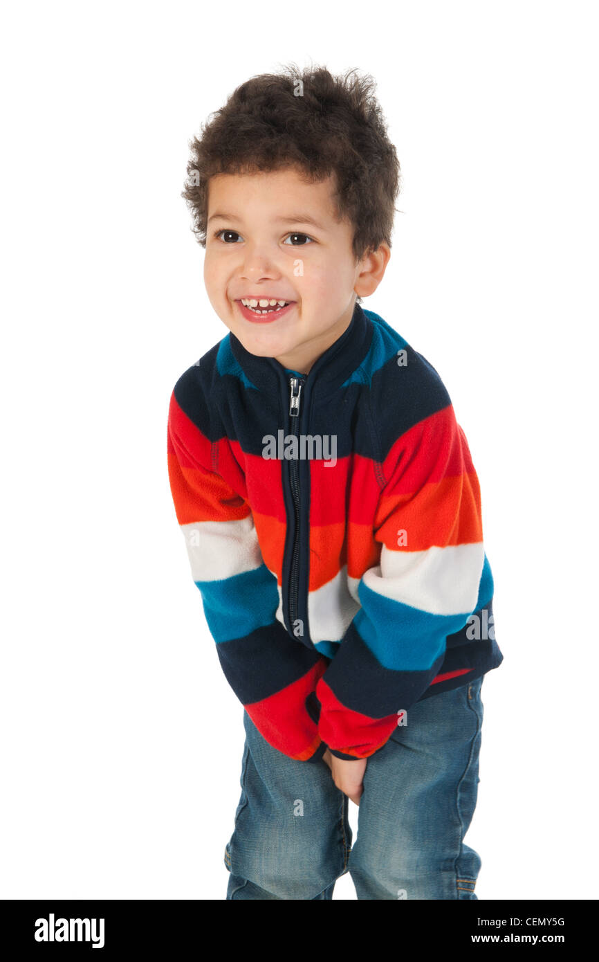 Little Boy With Black Curly Hair In The Studio Isolated Over White