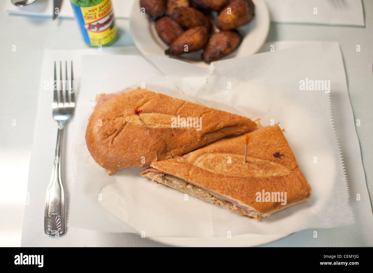 'El Cubano' [a toasted/pressed Cuban Sandwich] at La Isla Restaurant, a Cuban restaurant on Washington Street, Hoboken, NJ, USA. Stock Photo