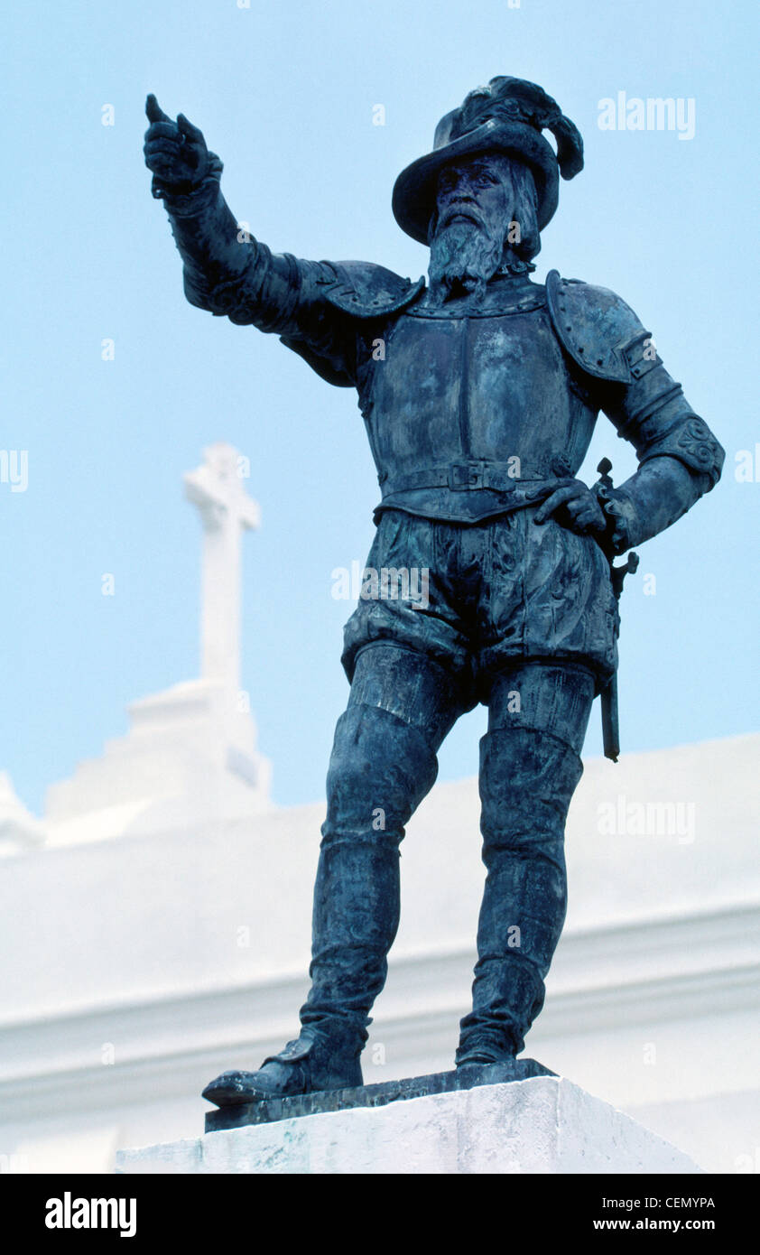 A bronze statue of Spanish explorer Juan Ponce de Leon in Old San Juan, Puerto Rico, honors that Caribbean island's first 16th-century governor. Stock Photo