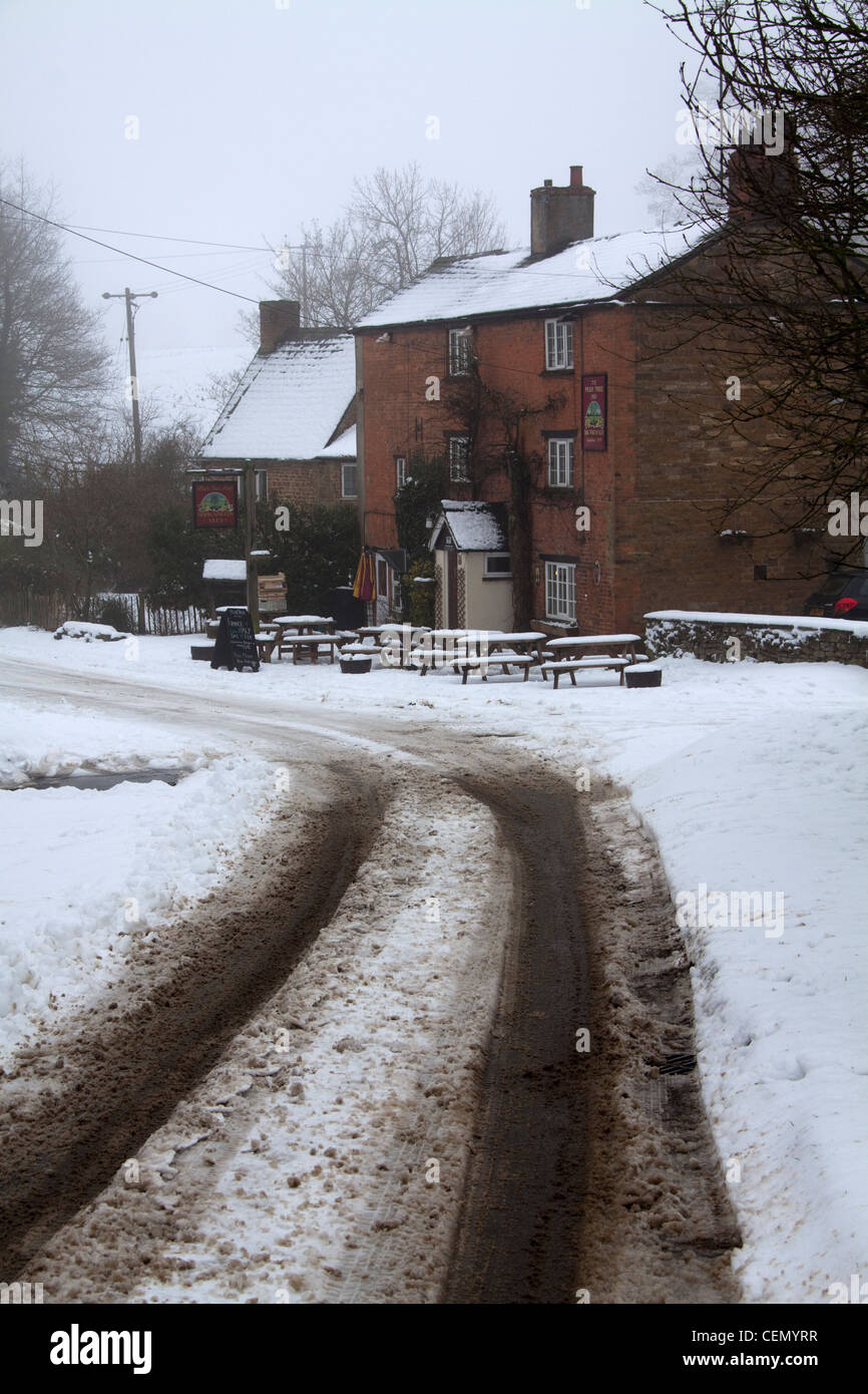 Pear Tree Inn in Winter Snow Stock Photo