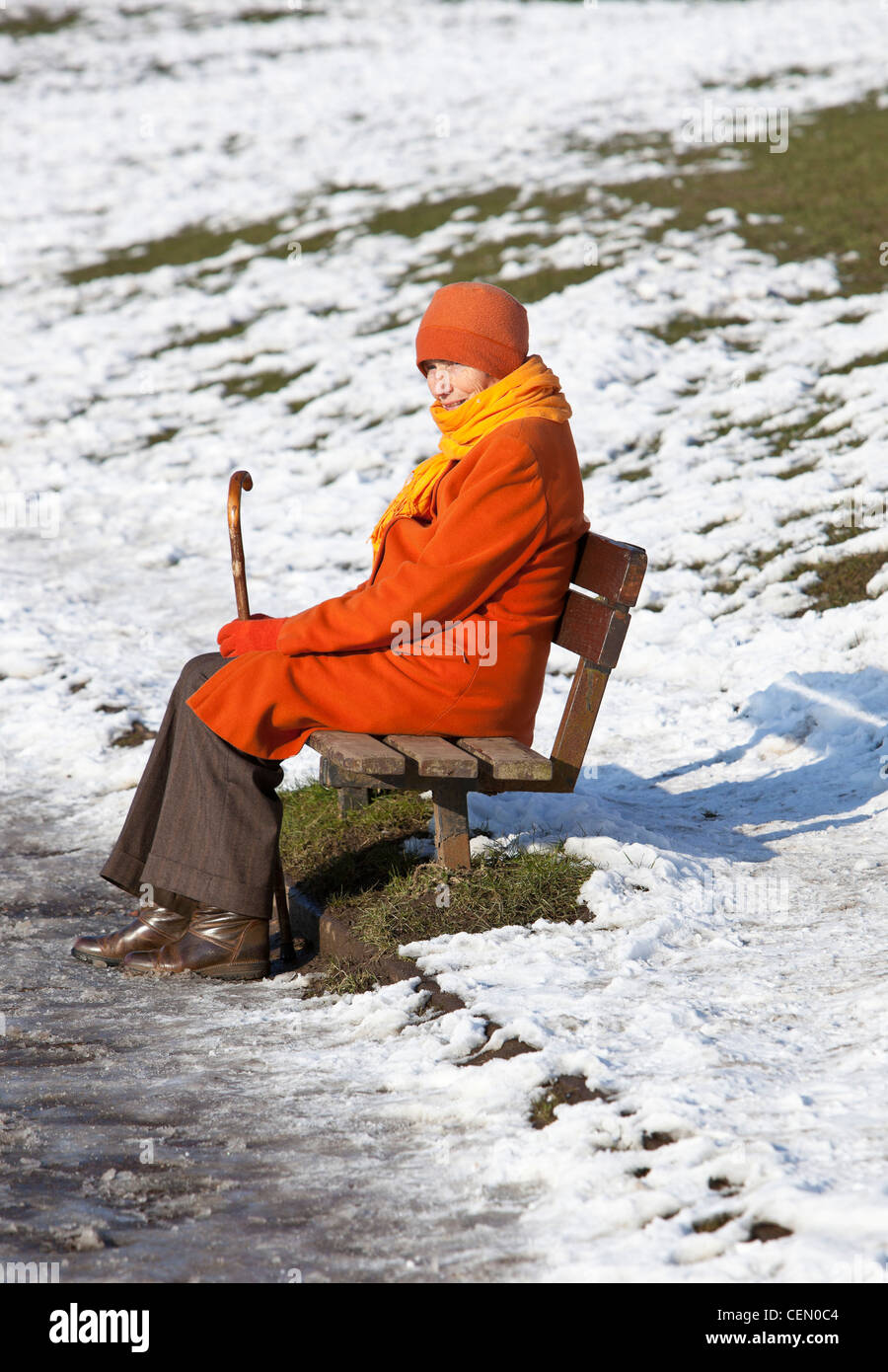 Senior woman sitting on a bench in a snow covered grass, Hampstead Heath, London, England, UK Stock Photo