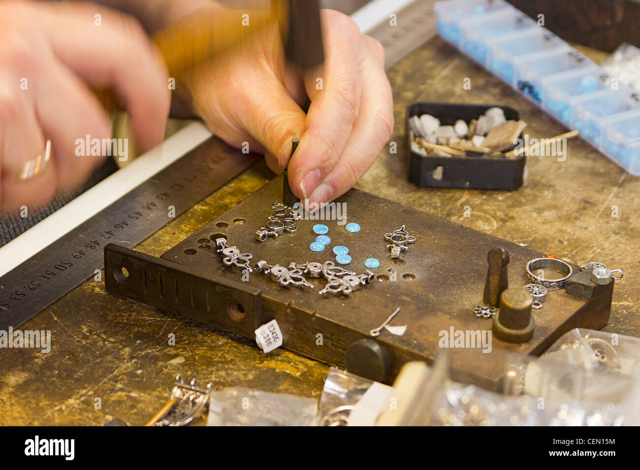 Artist makes Yeminite jewelry in Yeminite shop, Old Jaffa, Tel Aviv, Jerusalem. Stock Photo