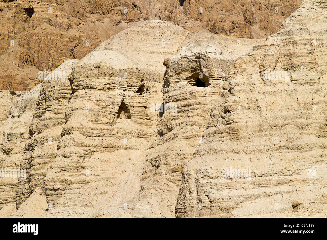 Caves in the Israeli desert outside Jersualem where the dead sea scrolls were found. Stock Photo