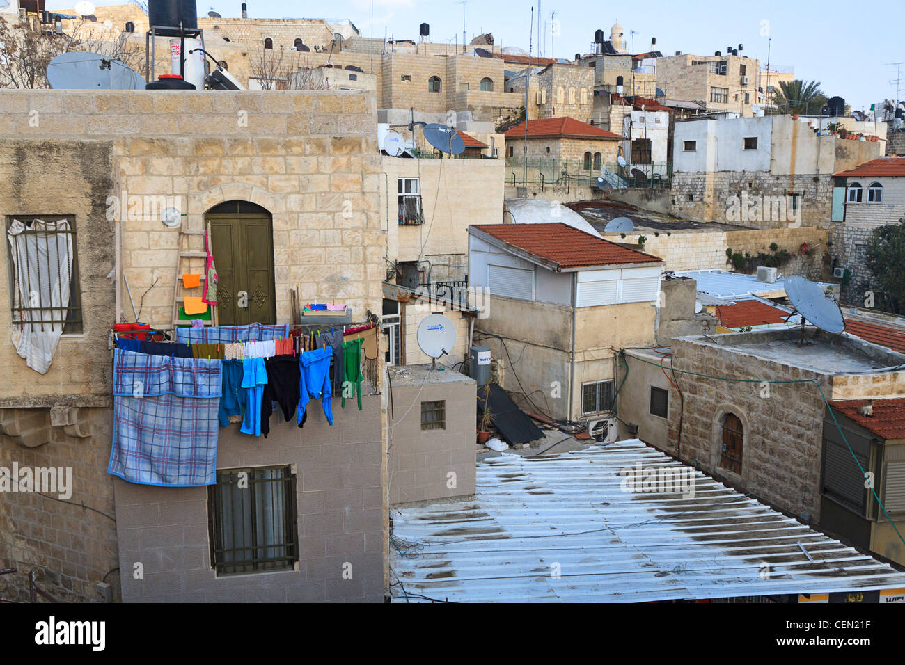View of wash hanging to dry in the Old City of Jerusalem, Israel Stock Photo