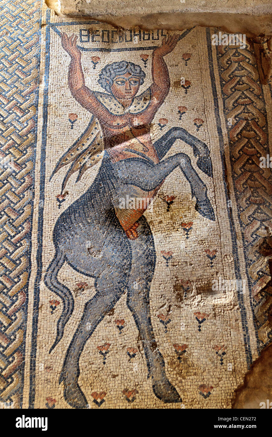 Centaur shown in beautiful tile mosaics at Zippori National Park in the Lower Galilee of Israel. Stock Photo