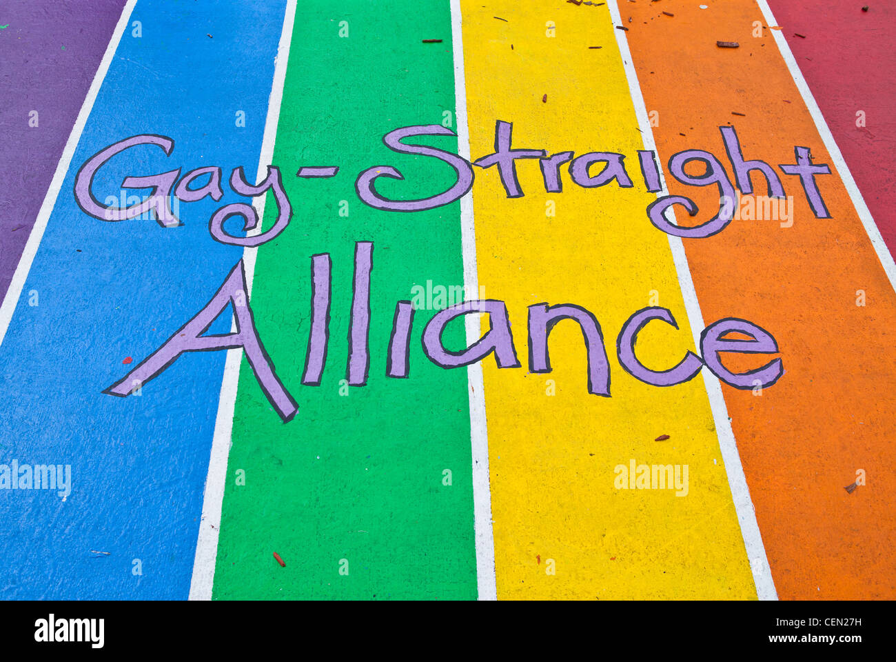 Gay Straight Alliance - Rainbow Colors Painted on Sidewalk at Nova Southeastern University, Ft. Lauderdale, Florida Stock Photo
