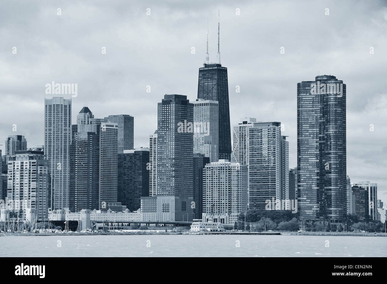 Chicago city urban skyline black and white with skyscrapers over Lake ...