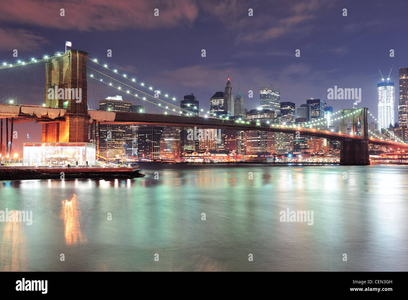 New York City Brooklyn Bridge with downtown skyline over East River ...