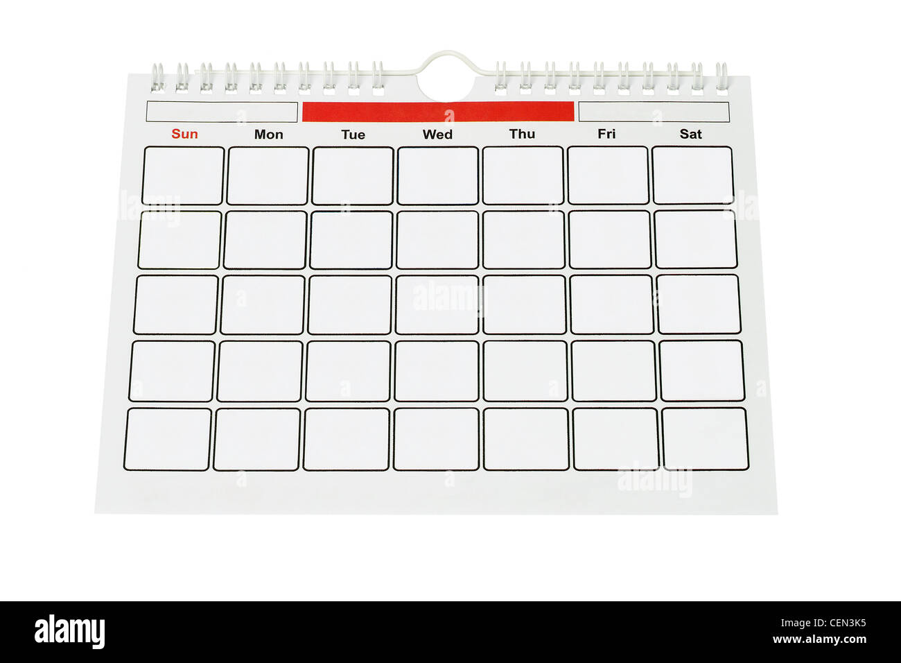 Calendar Page With Blank Boxes for Year, Month and Dates on White Background Stock Photo