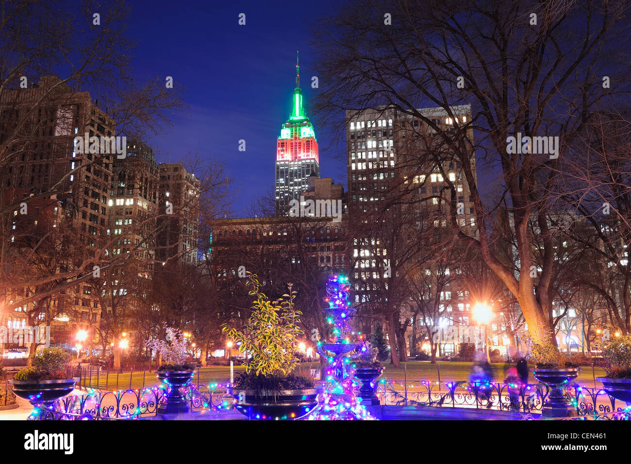 New York City Madison Square park view with Christmas color lights and