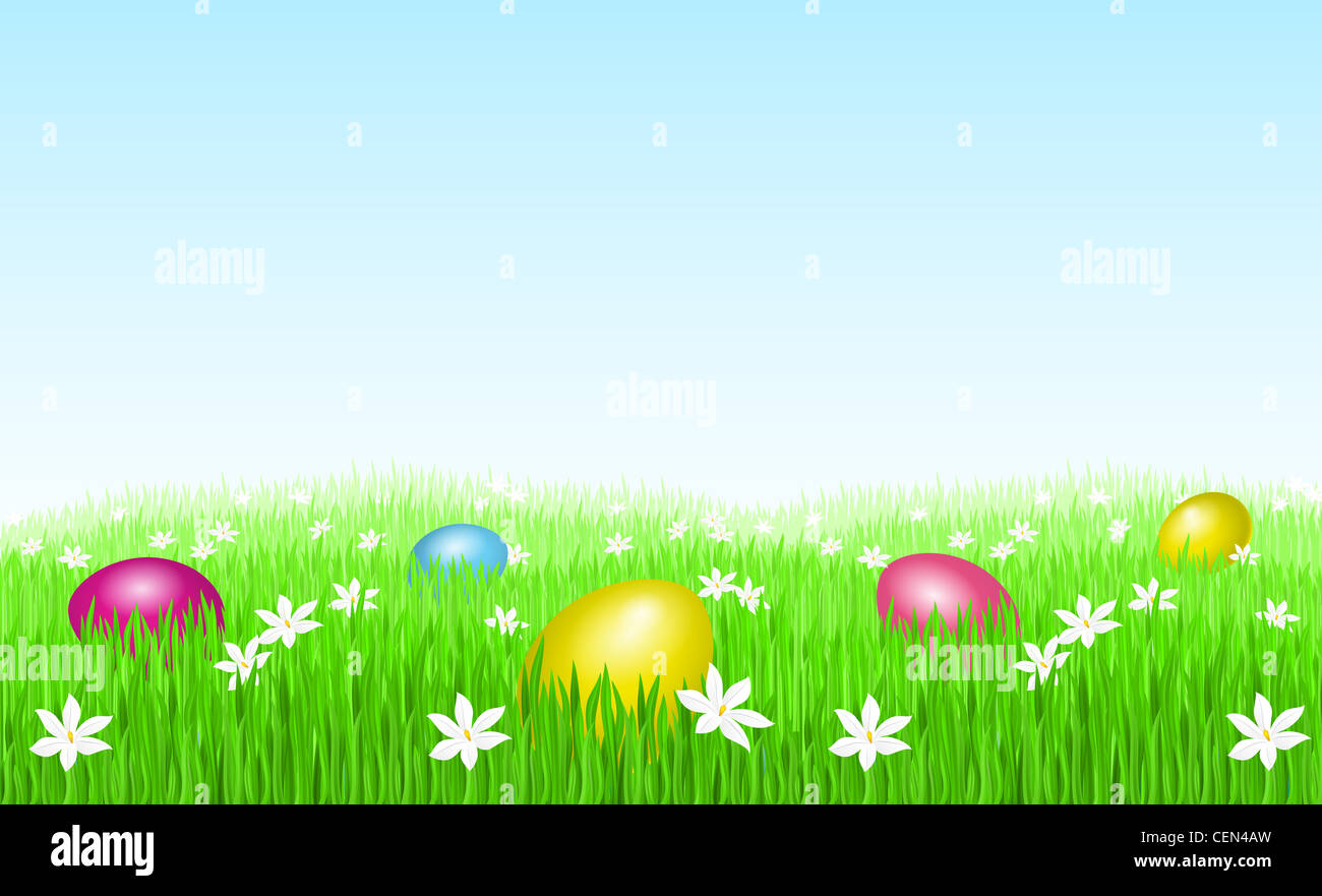 Greeting Card. Easter eggs on green grass and white flowers Stock Photo ...