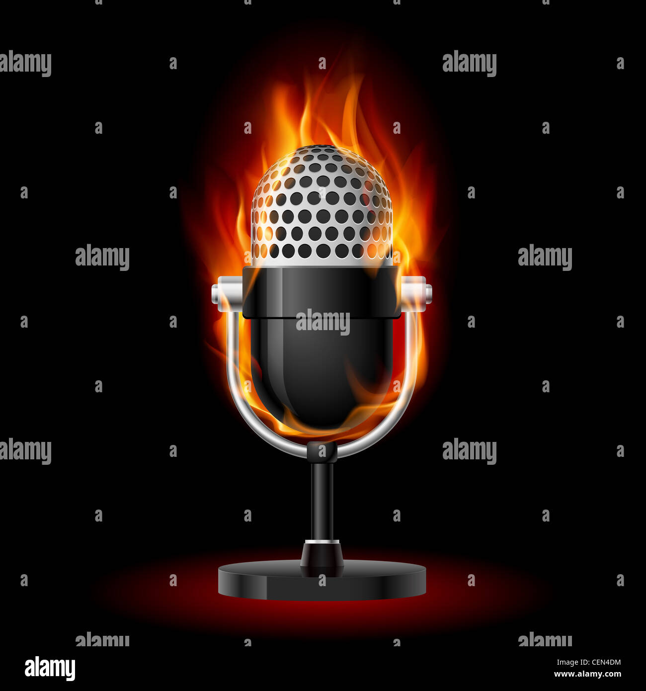 Microphone in Fire. Illustration on black background fore design Stock