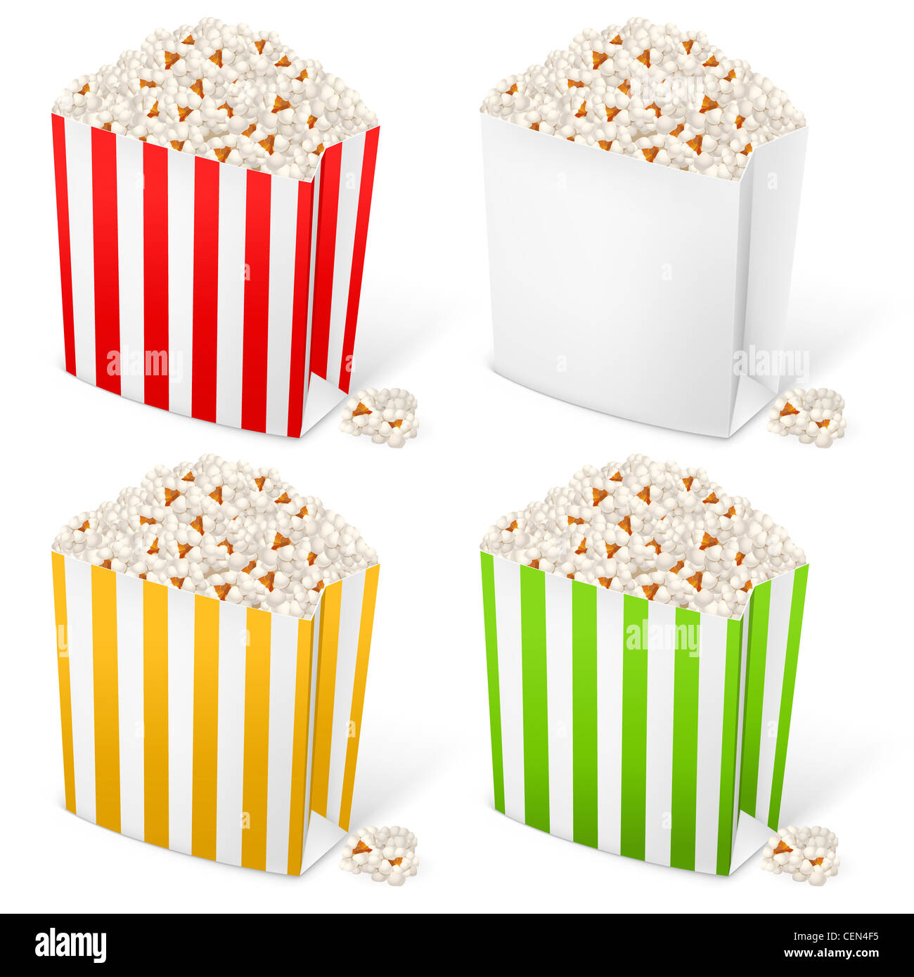 Popcorn in multi-colored striped packages. Illustration on white ...
