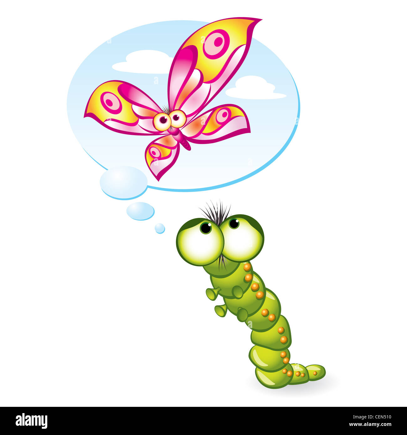 Caterpillar wants to become a butterfly. Illustration on white background Stock Photo