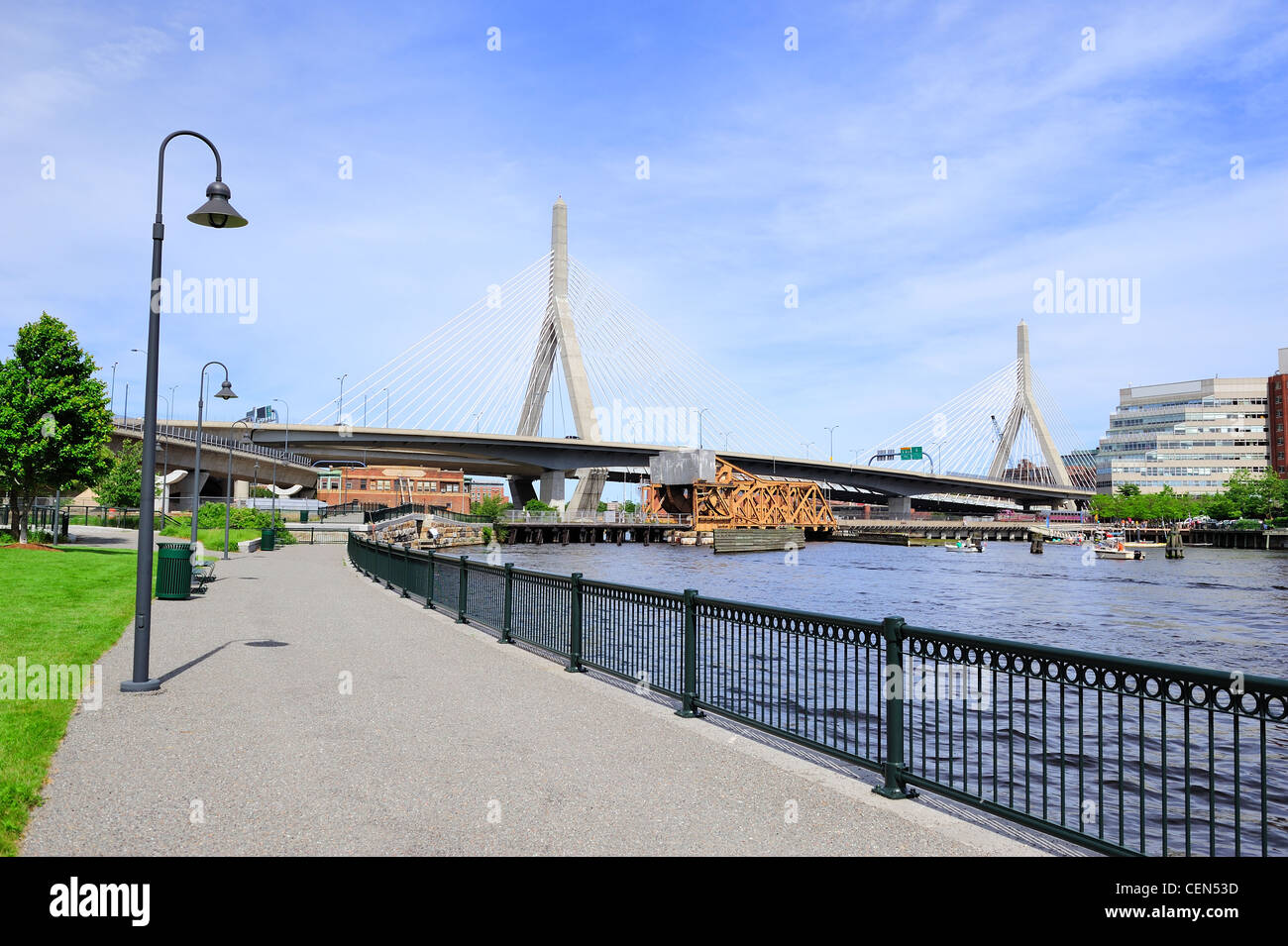 Boston Leonard P. Zakim Bunker Hill Memorial Bridge with blue sky as ...