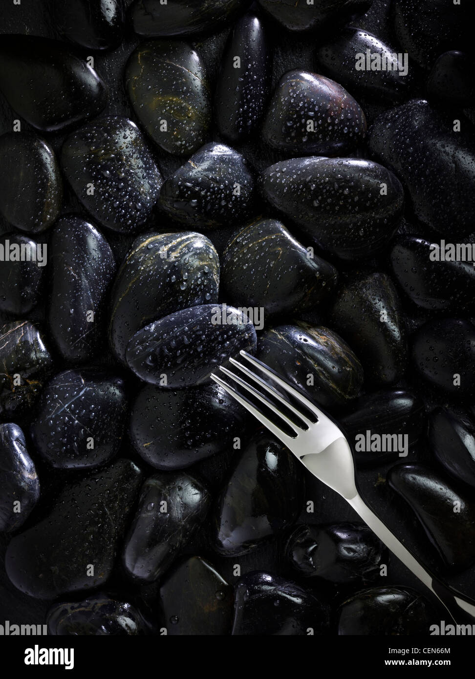 Black Pebbles with silver fork shot with professional medium format digital leaf back. Stock Photo