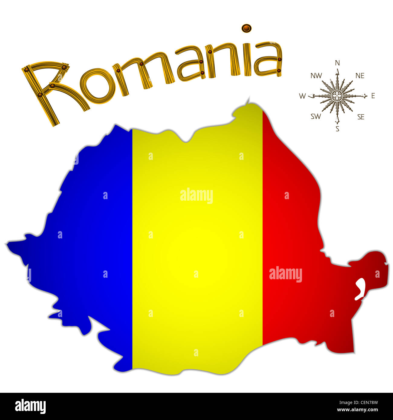 romanian map and wind rose over white background; abstract vector art illustration Stock Photo