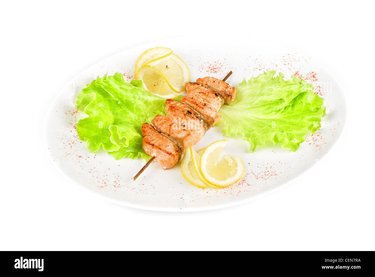 salmon kebab at plate isolated on a white background Stock Photo Alamy