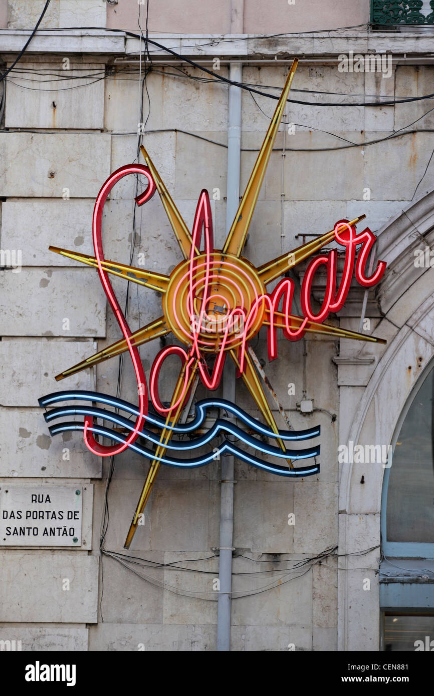 Old fashioned neon name display outside of Solar cafe ice cream parlor bar Lisbon, Portugal Stock Photo