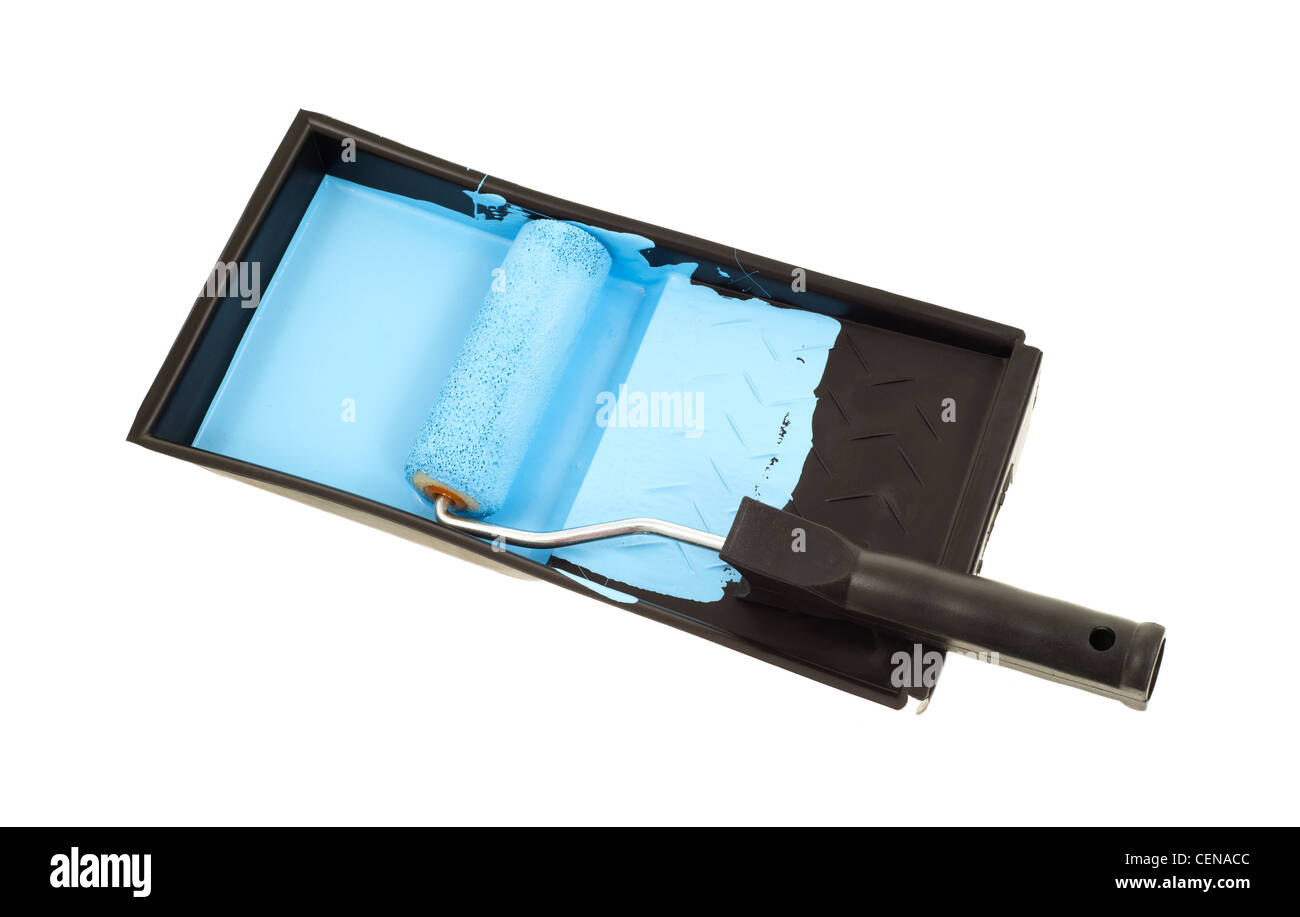 Paint roller with blue paint in tray Stock Photo Alamy