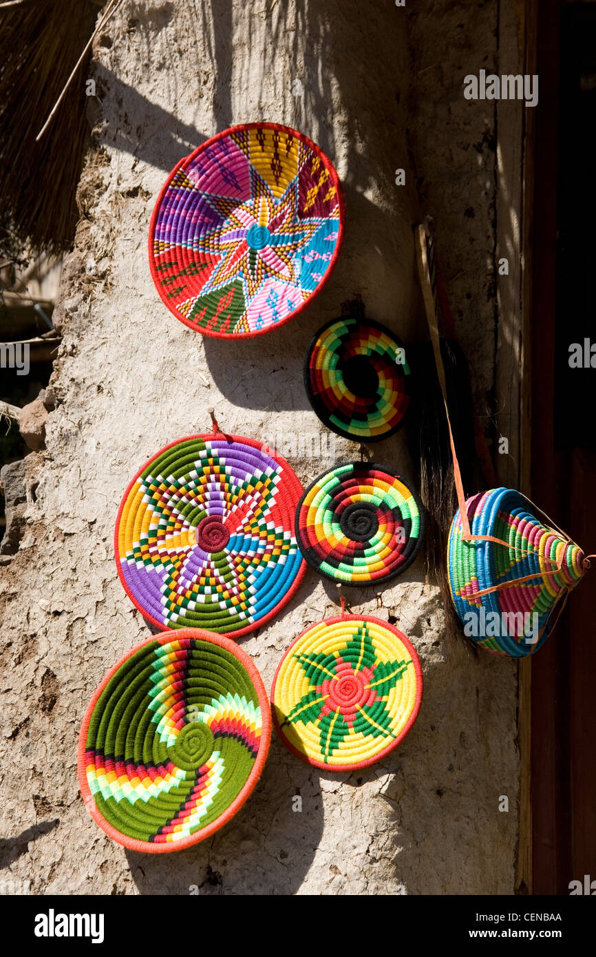 Brightly coloured wicker baskets on sale in Lalibela, Ethiopia Stock Photo
