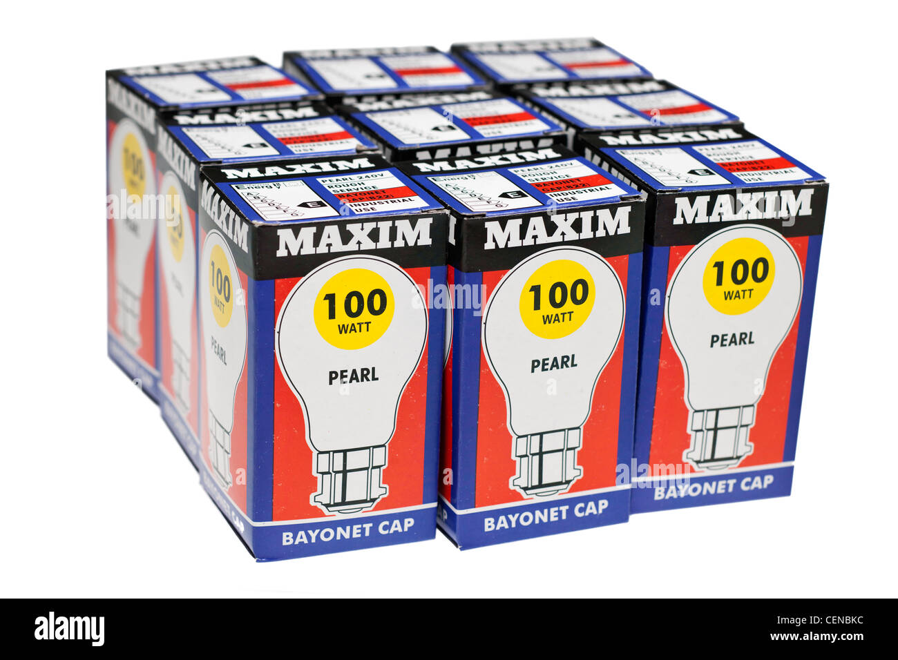 Nine boxed Maxim 100 watt tungsten bayonet cap light bulbs Stock Photo