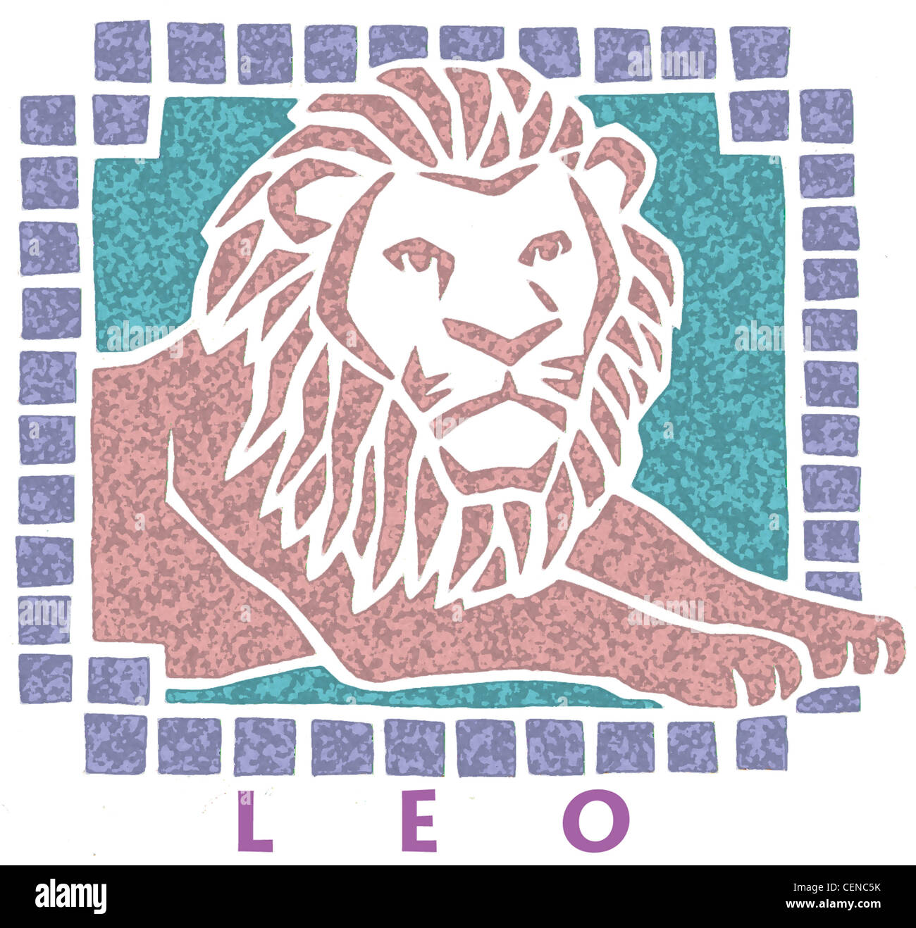 Star sign Leo purple mosaic border illustration of a laid back relaxed lion against an aqua blue background Geoff Nicholson Stock Photo