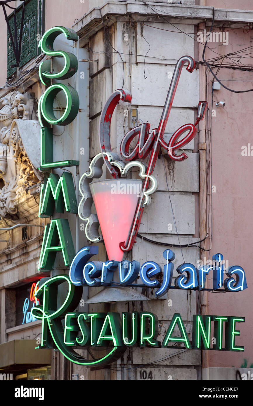 Old fashioned neon name display outside of cafe ice cream parlor Lisbon, Portugal Stock Photo