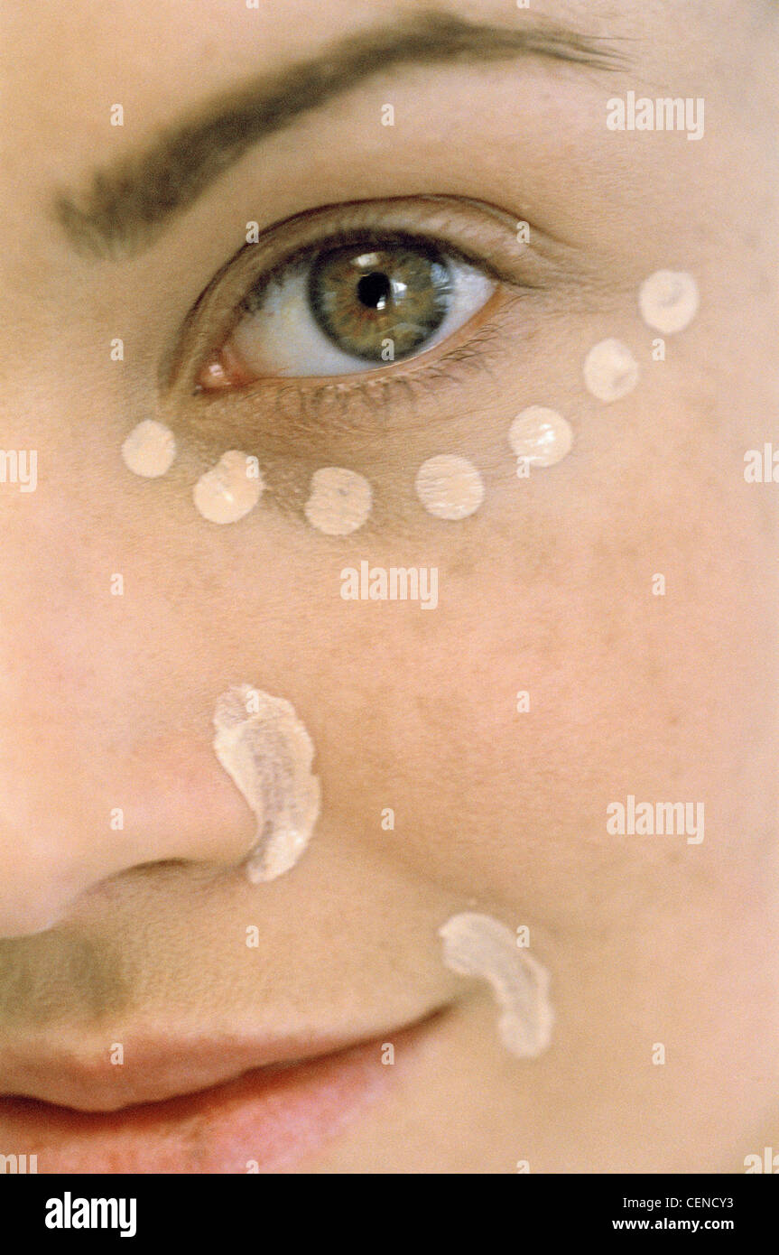 Close up half face of female eye nose and mouth spots of concealer