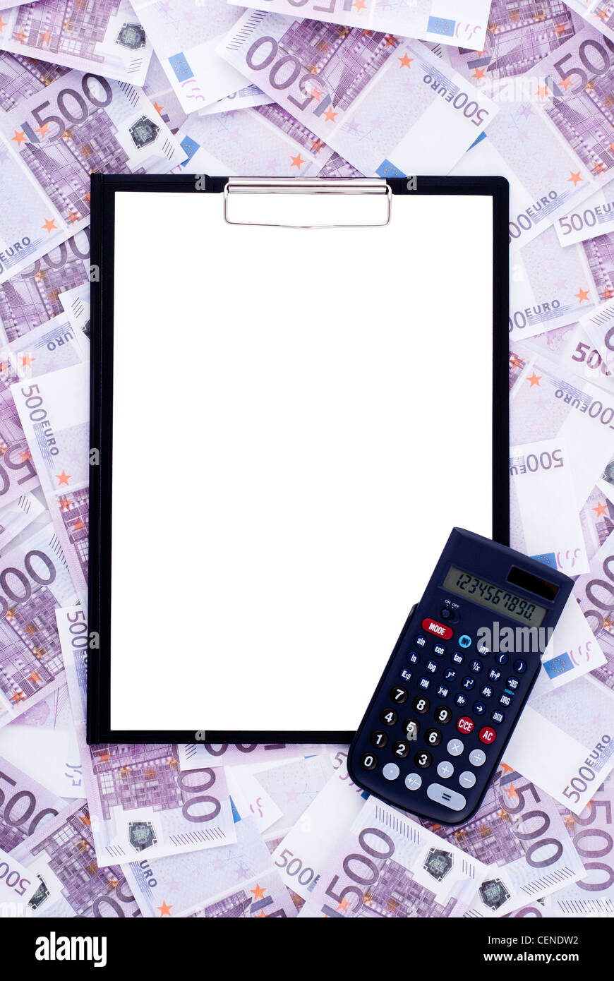 Clipboard and black calculator surrounded by EURO Stock Photo Alamy