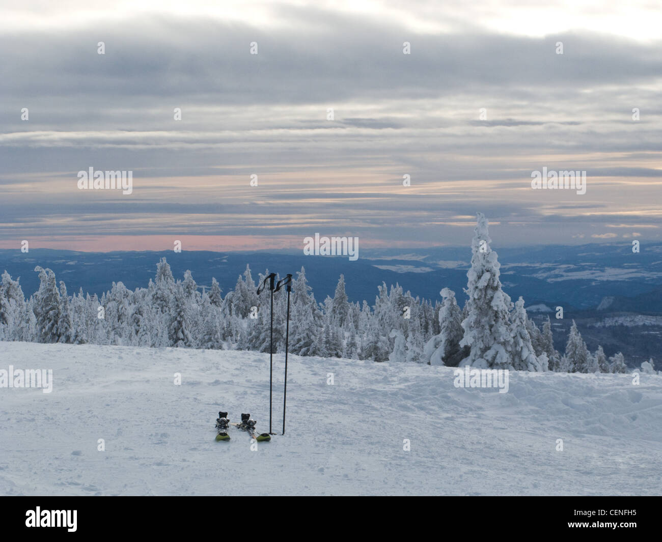 Skis and poles ready to go at Sun Peaks Ski Resort at Tod Mountain