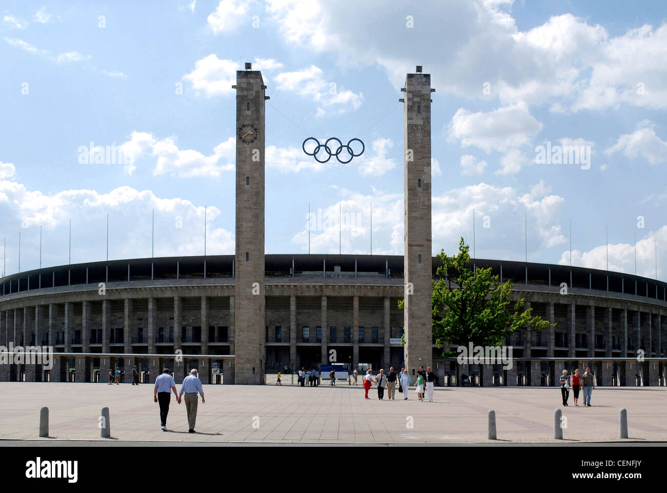 Olympic stadium in Berlin with the Olympic rings over the main entrance. Stock Photo