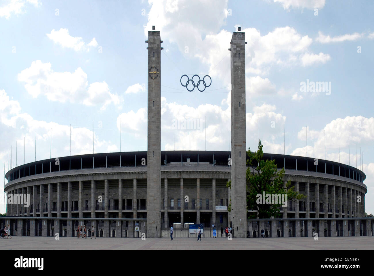 Olympic stadium in Berlin with the Olympic rings over the main entrance. Stock Photo