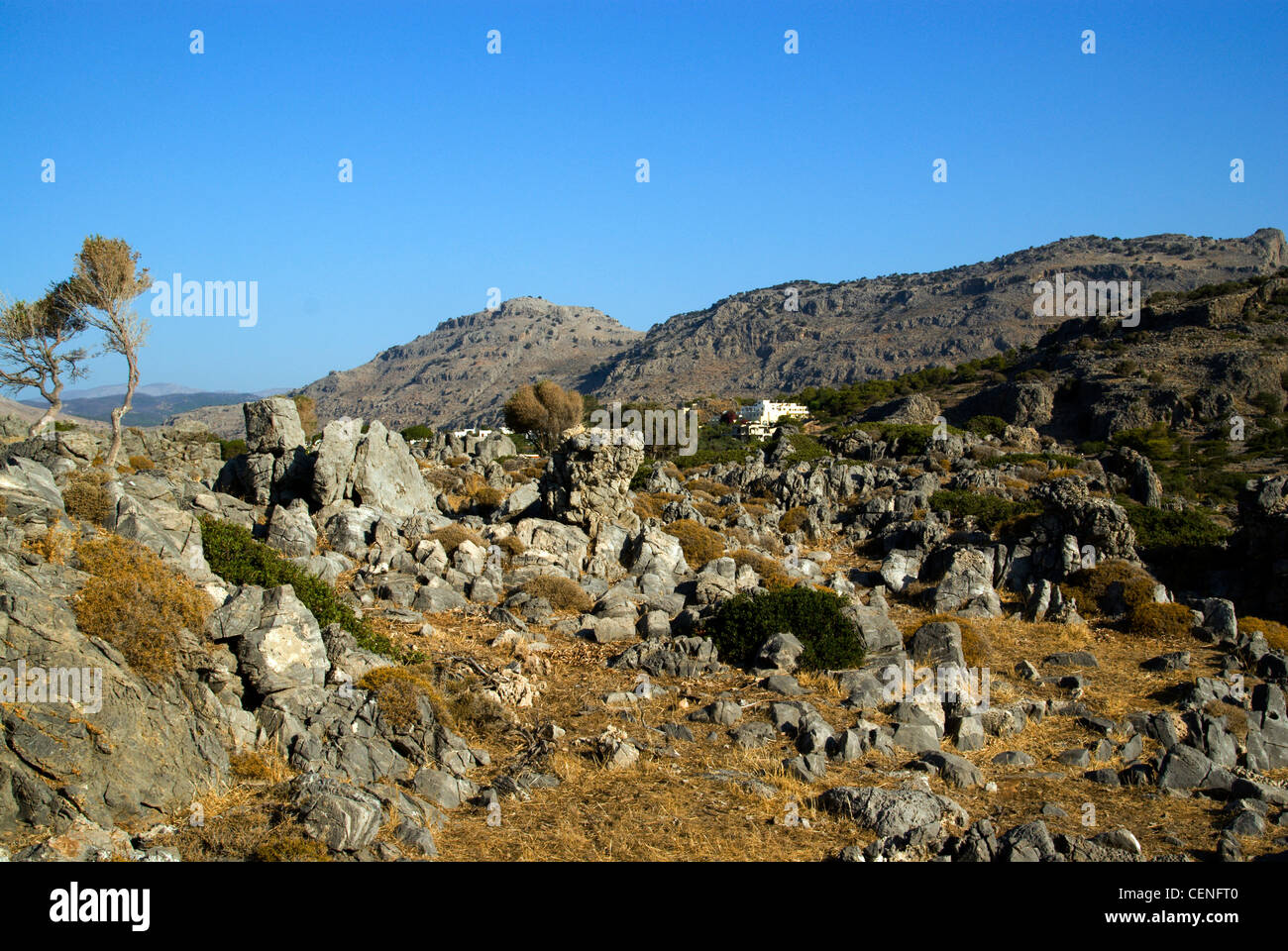 view of mountains and bay pefkos near lindos rhodes dodecanese islands greece Stock Photo
