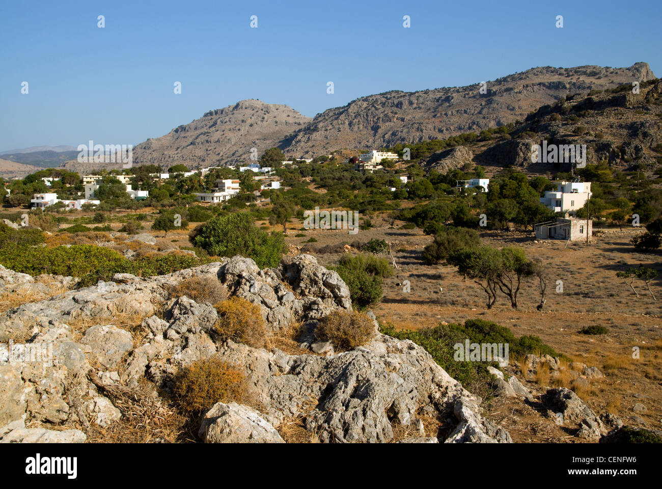 view of mountains and bay pefkos near lindos rhodes dodecanese islands greece Stock Photo
